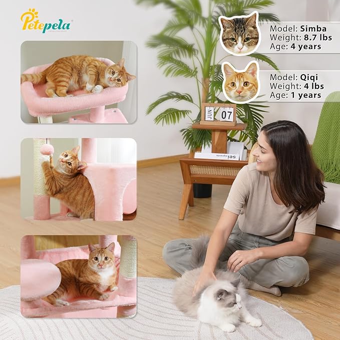 PETEPELA 45.7" Cat Tree for Indoor Cats, 5-Level Cat Tower for Large Cats with Metal Frame Large Hammock (17.3"x15.3"), Cat Condo with (18.5"x13") Big Top Perch & 4 Sisal Covered Scratching Post, Pink