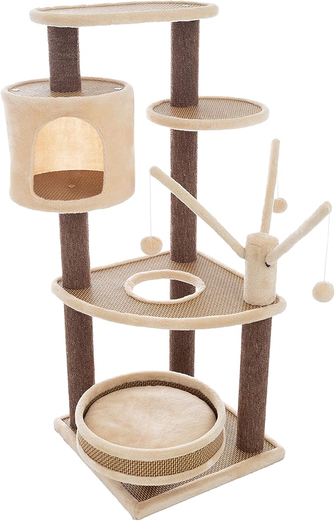 6-Tier Cat Tower- Cushioned Pet Bed, Napping Perches, Kitty Condo Hut, and Spring Arms with 3 Hanging Toys Fully Carpeted by PETMAKER (Brown/Beige)