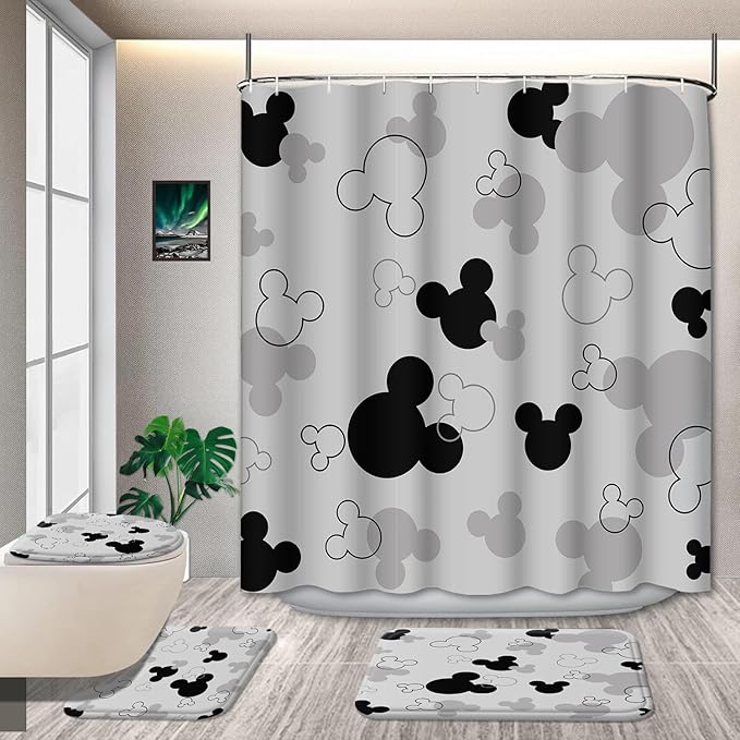 4 Pcs Black and Gray Mouse Bathroom Set - Includes Shower Curtain, Toilet Lid Cover, Contour Rug & Bath Mat - Waterproof Polyester Fabric, Non-Slip Backing - Gray Black Cartoon Design
