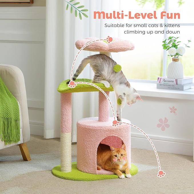 PAWZ Road Flower Cat Tree Pink 32” Small Cat Tower Cat Scratching Post with Curved Perch, Cozy Cat Condo Removable Flower Bed for Kittens and Small Cats-Pink