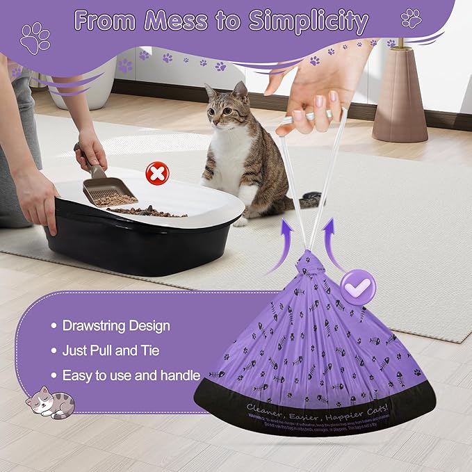 40 Count Cat Litter Box Liners Bags Large, Extra Durable Kitty Litter Box Waste Bags, Jumbo Drawstring Extra Thick Pet Cat Pan Liners - 36" x 18"