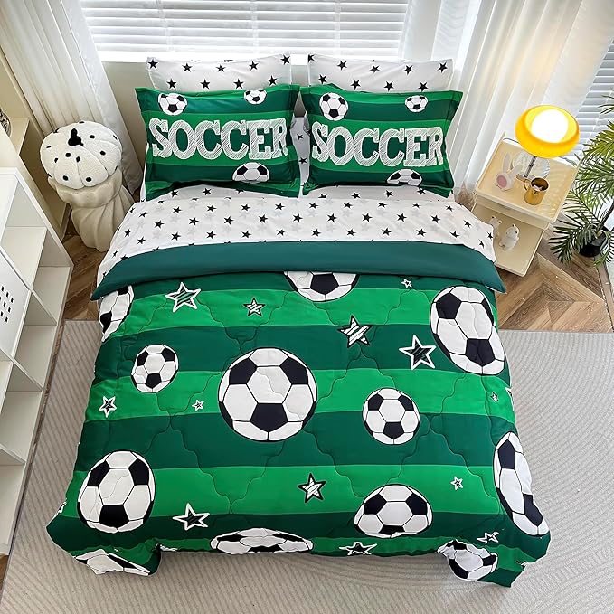 7 Piece Boys Soccer Comforter Set Twin Size Bed in A Bag 3D Football Playground Sports Bedding Set for Kids Microfiber Comforter All Season Green