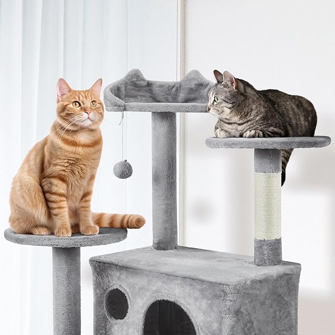 Yaheetech Tall Cat Tree, 80in Multi-Level Cat Tower with Cat Scratching Posts, Double Cat Caves, Perched Platforms and Dangling Balls, Cat Stand House for Kittens Pet, Light Gray