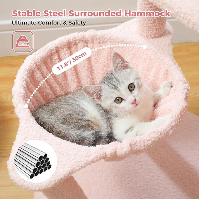 PETEPELA 34.2'' Cat Scracthcing Post, Tall Cat Scratcher with Large Cat Hammock [Dia=30CM], Flamingos Natural Sisal Cat Scratch Post, Pink Small Cat Tree Tower for Indoor Cats&Kittens