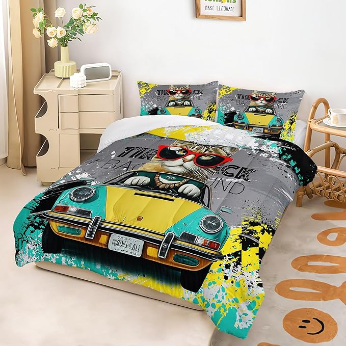 AILONEN Racer Cat Comforter Set Twin Size,Speed Racing Car Sport Bedding Set for Kids Boys,Cool Cat Hip-Hop Graffiti Printed Comforter with 2 Pillowcases,3 Piece