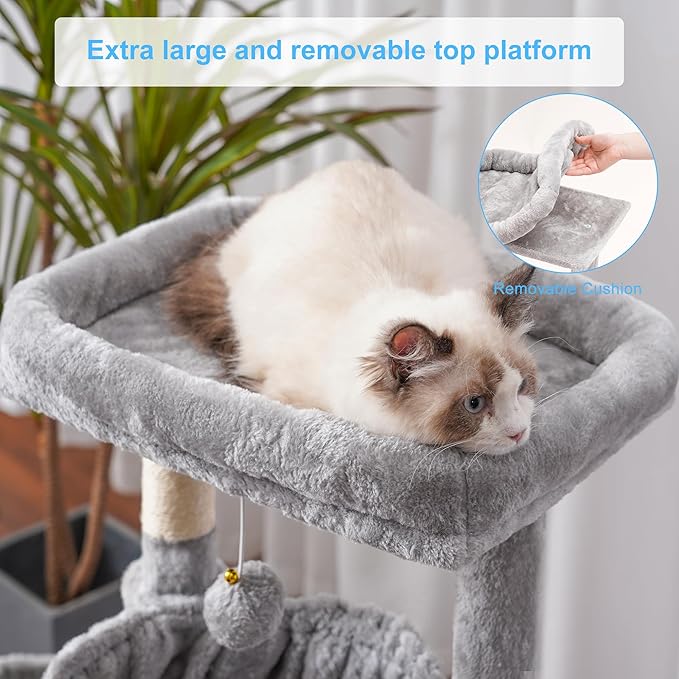 Hey-brother Cat Tree, Cat Tower for Indoor Cats, Cat House with Large Padded Bed, Cozy Condo, Hammocks, Sisal Scratching Posts, Big Scratcher, Light Gray MPJ006SW