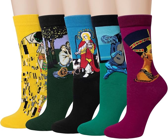 5 Pairs Womens Fun Famous Painting Patterned Art Socks Cotton, Printed Cool Novelty Funny Socks for Women