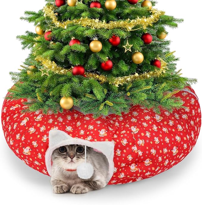2.62ft x 2.62ft x 10.24in Christmas Cat Tunnel Bed Under Christmas Tree for Indoor Cat, Xmas Red Cute Cat Donut Tunnel with Washable Circle Cushion, Foldable Round Pet Tunnel Toy for Kitten