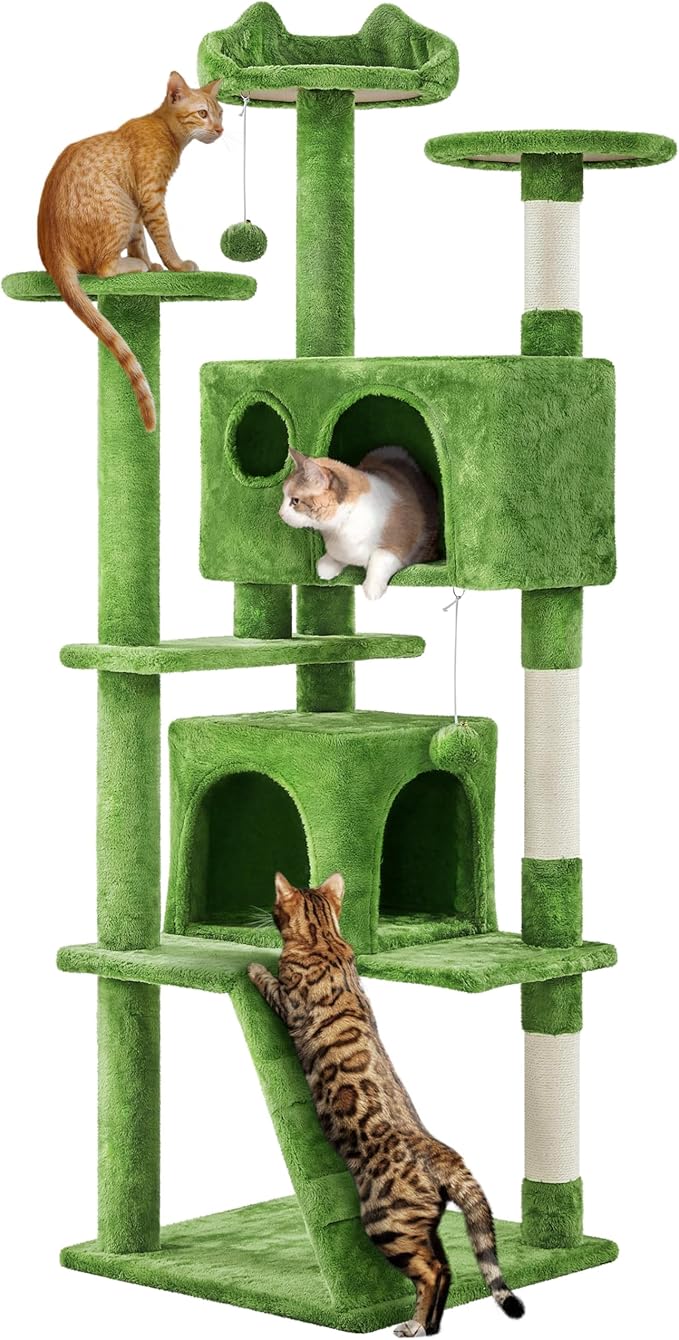 Yaheetech 62in Cat Tree Cat Tower for Indoor Cats, Cat Furniture w/Double Cat Condo, Scratching Posts, Multiple Platforms and Balls for Kittens & Cats, Green