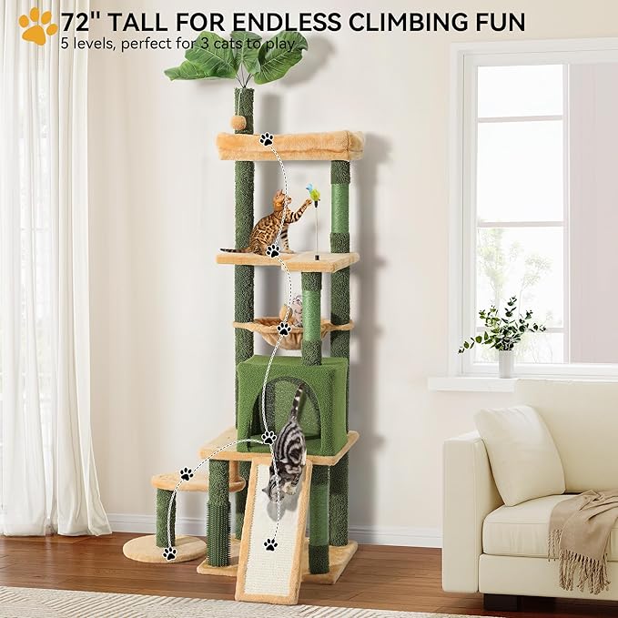 YITAHOME Tall Cat Tree Tower with Leaves for Indoor Cats, 72.8in Cute Cat Climbing Tower with Self-Grooming Brush, Cat Condo, Top Perch, Basktet, Sisal Scratching Posts and Board,Toy Balls