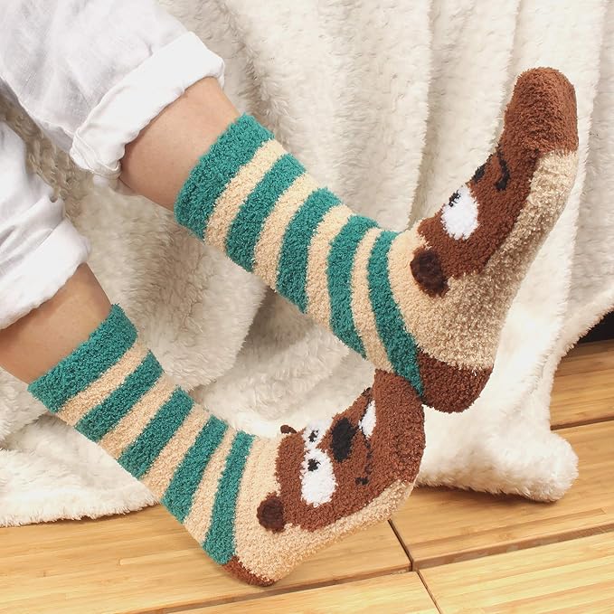 BambooMN Women's Super Soft Cute Fuzzy Cozy Warm Animal Face Indoor Outdoor Cabin Crew Home Socks