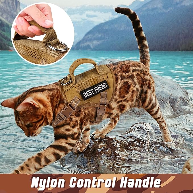 Tactical Cat Harness, Air Mesh Cat Walking Vest Harness Escape Proof, Reflective Large Cat Harnesses with Handle for Adult Fat Cats (Khaki, XL)