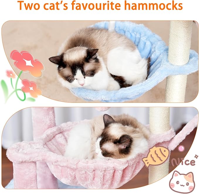 Heybly Cat Tree, 39.4 Inches Tower Condo with Scratching Post, Cat Tower for Indoor Cats, Fully Wrapped Sisal Pole, Soft Platform, 2 Baskets and Dangling Toy, Blue and Pink HCT006SBP