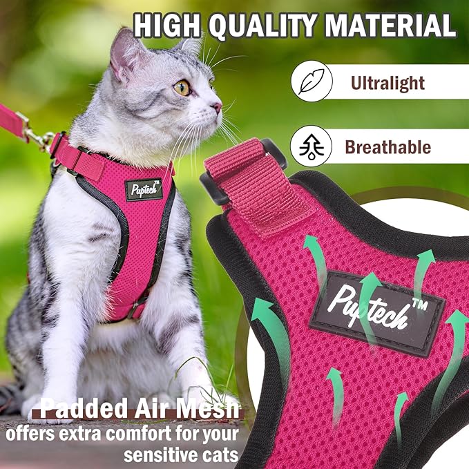PUPTECK Cat Harness and Leash Set Escape Proof for Walking, Breathable Mash Vest Adjustable Harness for Cats Puppy Small Animals, Reflective at Night, Fuschia Medium