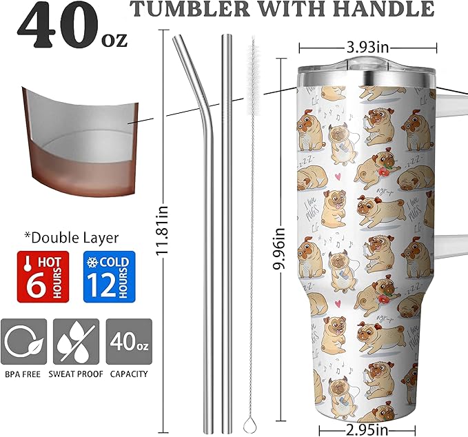 40 Oz Tumbler With Handle and Straw, Double Wall Stainless Steel Pug Coffee Cup, Insulated Mug for Dog Lovers, Dad or Mom Tumbler, Pug Gifts for Women and Men
