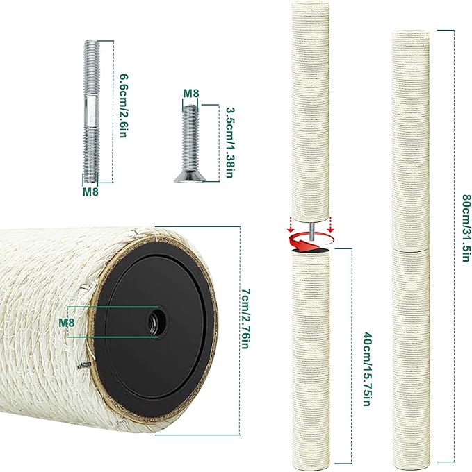 Cat Scratching Post Replacement Pole，2 PCS 15.7in Cat Tree Replacement Post，Natural Sisal Cat Tree Replacement Parts with M8 Screws，Cat Scratch Post Replacement for Refurbishment (15.7in/40cm)