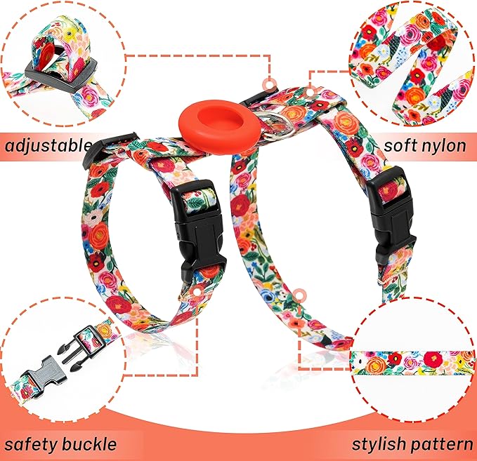 Cat Harness and Leash Escape Proof for Walking Travel Outdoor - Cute Floral Nylon Adjustable Cute Cat Harness Leash Set with Airtag Holder for Small Large Cats