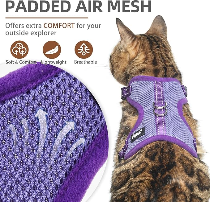 PUPTECK Cat Harness and Leash Set Escape Proof, Reflective Adjustable Soft Mesh Kitten Vest Harness for Walking Travel, Purple, S