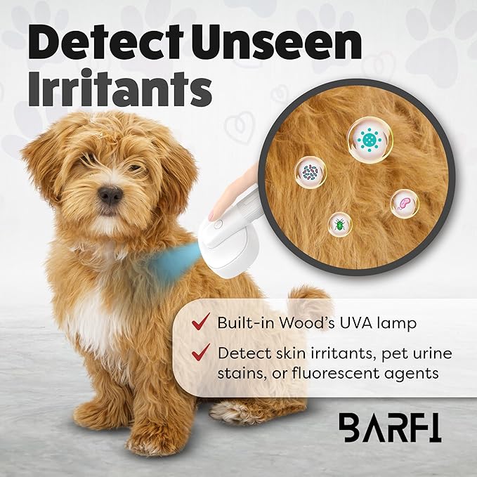 BARFI Pet Brush - Self-Cleaning Pet, Cat, Dog Shedding Brush - Multi-Functional Grooming Tool with Negative Ion Technology, Vibrating Massager, Wood's Lamp (White) - Free Pet Bowl