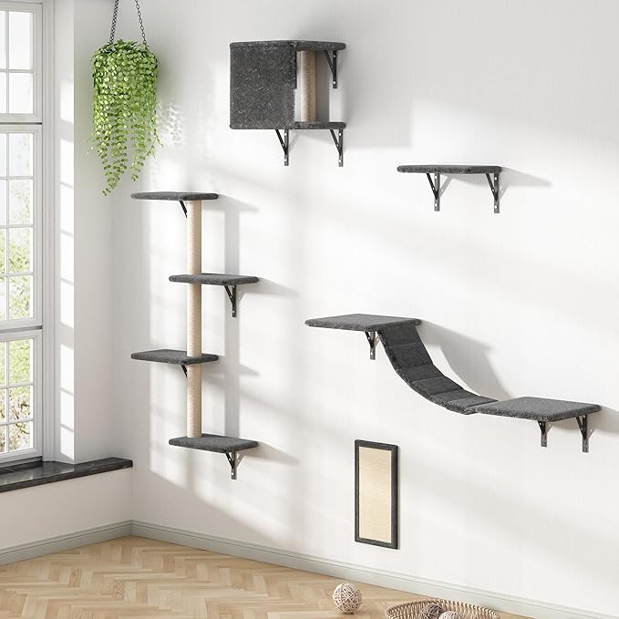 COZIWOW Cat Wall Shelves, Wall-Mounted Cat Climber Set of 5, Floating Cat Perches, Hanging Cat Beds, Modern Cat Furniture for Large Cats or Kitty (Grey)