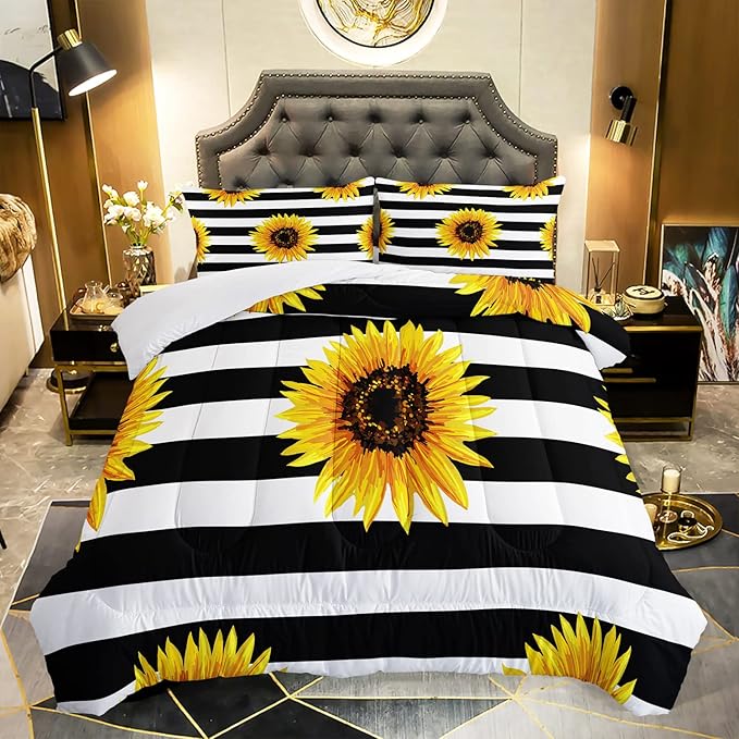AILONEN Sunflower Comforter Set Twin Size, Black and White Striped Flower Bedding Set,Superior Yellow Flower Bed Set,Printed Stripe Quilt,Pillow Case,Microfiber Fabric