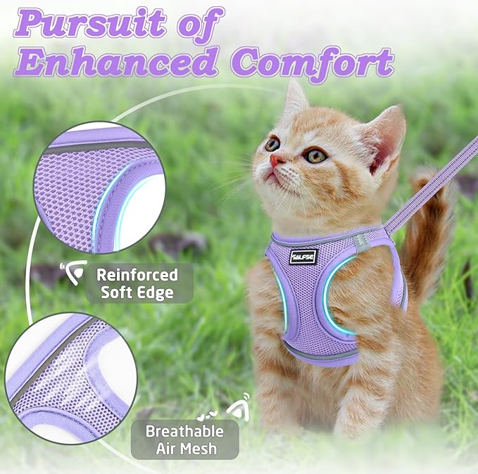 Cat Harness and Leash for Walking Escape Proof, Adjustable Kitten Vest Harness Reflective Soft Mesh Puppy Harness for Outdoor, Comfort Fit, Easy to Control (Purple, S)