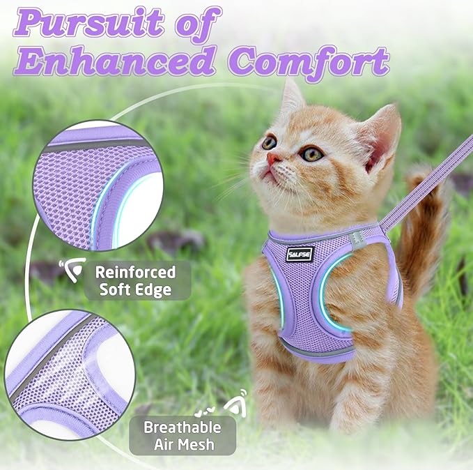 Cat Harness and Leash for Walking Escape Proof, Adjustable Kitten Vest Harness Reflective Soft Mesh Puppy Harness for Outdoor, Comfort Fit, Easy to Control (Purple, XXS)