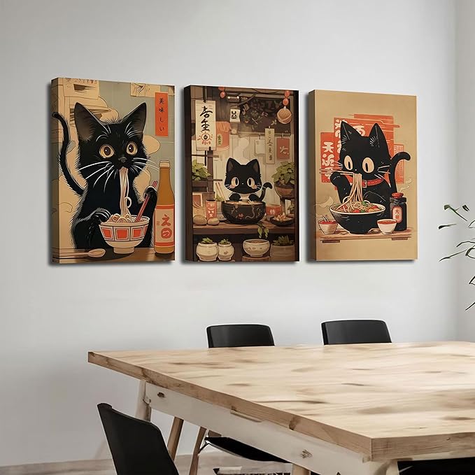 3Pcs Framed Japanese Black Cat Canvas Wall Art Vintage Cat Eating Ramen Posters Prints Edo Period Ramen Pictures Japan Kitchen Painting Unique Kitchen Dining Wall Decor Animal Lover Gift 16x24in