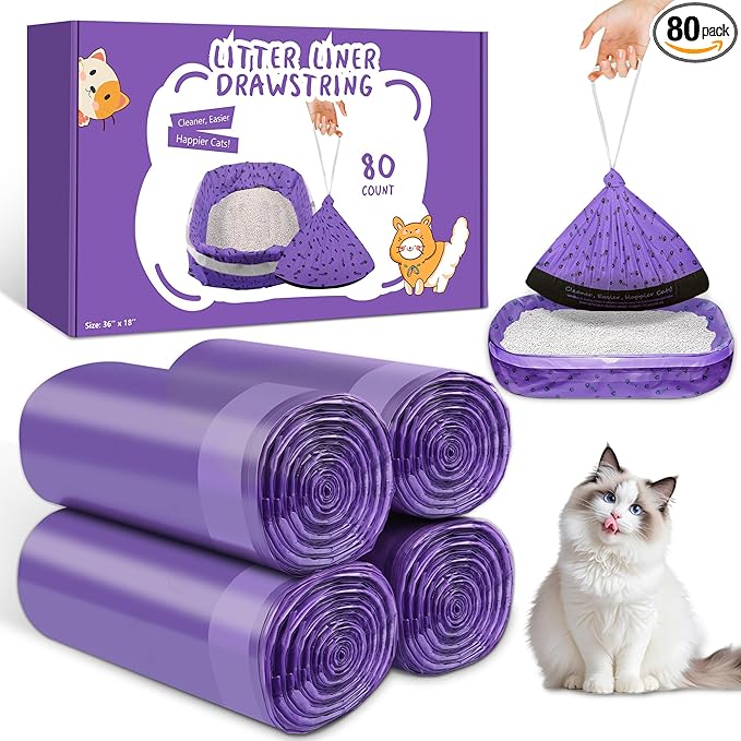 80 Count Cat Litter Box Liners Bags Large, Jumbo Drawstring Extra Thick Pet Cat Pan Liners, Extra Durable Kitty Litter Box Waste Bags - 36" x 18"