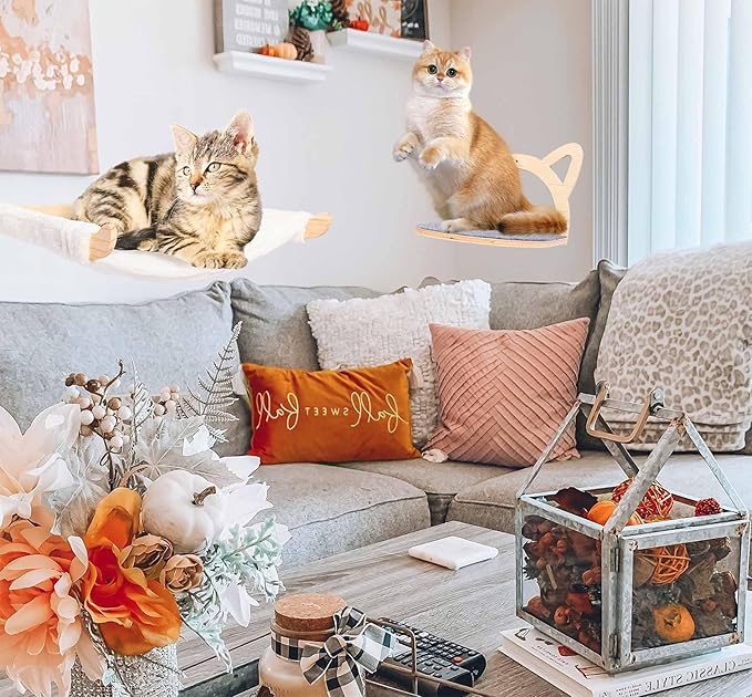 Defined Deco Cat Wall Shelves, Wall Mounted Cat Shelves and Perches with XXL Cat Hammock and 2 Cat Climbing Steps, Cat Furniture with Scratching Climbing Mat for Playing, Sleeping, and Lounging