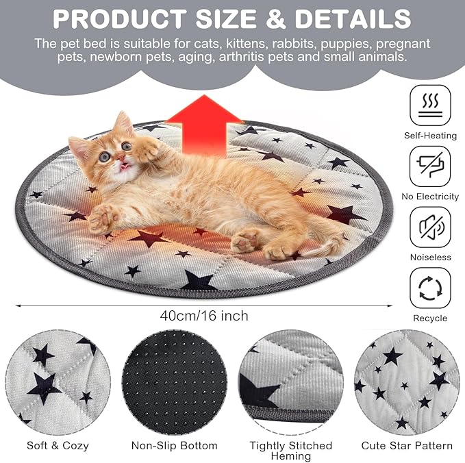Namalu 4 Pack Self Warming Cat Bed Self Heating Cat Mat Star Pattern Soft Dog Crate Pad Thermal Pet Bed Mat Anti Slip Kennel Mat Washable Pet Warming Bed for Outdoor Indoor (15.7 Inches,Round)
