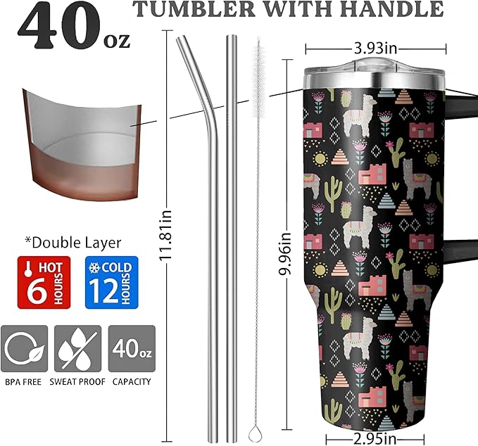 40 Oz Llama Tumbler with Handle and Straw, Double Wall Stainless Steel Llama Cup, Alpaca Mug Insulated Llama Coffee Mug, 40 Oz Llama Mugs with Handle and Straw for Women Gifts
