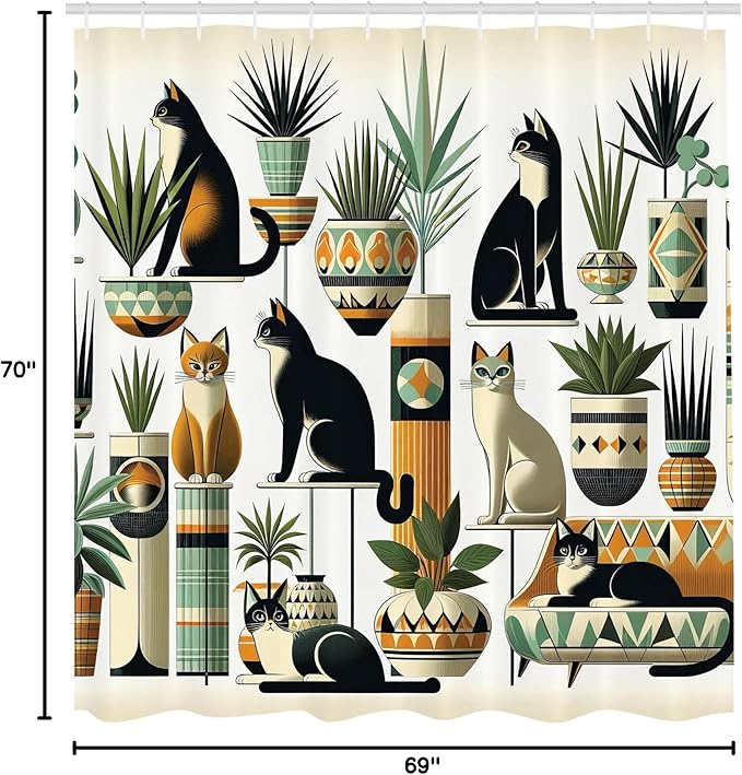 Ambesonne Cat Shower Curtain, Boho Ethnic Style Design with Kitties Sitting and Laying Poses Botanical, Cloth Fabric Bathroom Decor Set with Hooks, 69" W x 70" L, Black Ginger Mint Green