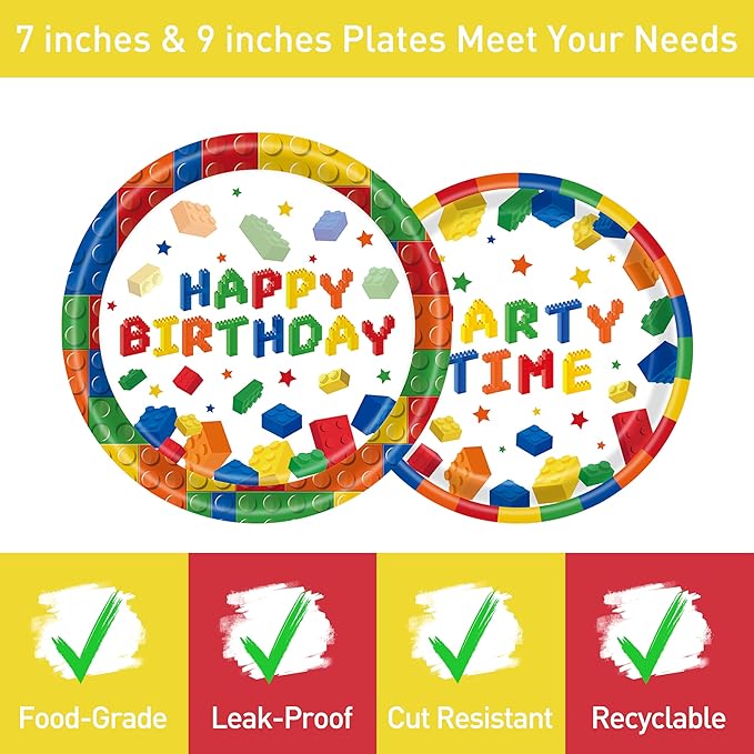 96 Pcs Building Block Party Plates Napkins Forks Supplies Favors Tableware Set Disposable Paper Birthday Decorations for Boys, Serves 24 Guests