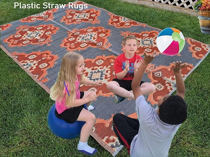 BalajeesUSA Outdoor Rugs – 6x9, Orange, Yellow, Grey, Patio Durable and Affordable, Multipurpose, Woven Plastic Straw, All-Weather and Waterproof Rug, Reversible Camper mats, Recycled