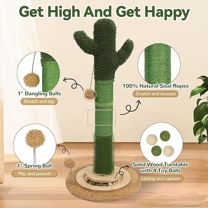 OTOB 36" Tall Cat Scratching Post, Natural Sisal Rope Cactus Scratcher Post, Vertical 6-in-1 Interactive Turntable Cat Scratch Post with Soft Ball Toys, Protect Your Furniture for All Indoor Cats