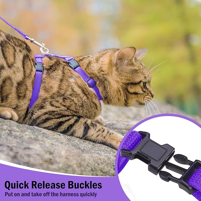 PUPTECK Adjustable Cat Harness and Leash Set Escape Proof Kitten Strap Collar for Walking Travel, Purple