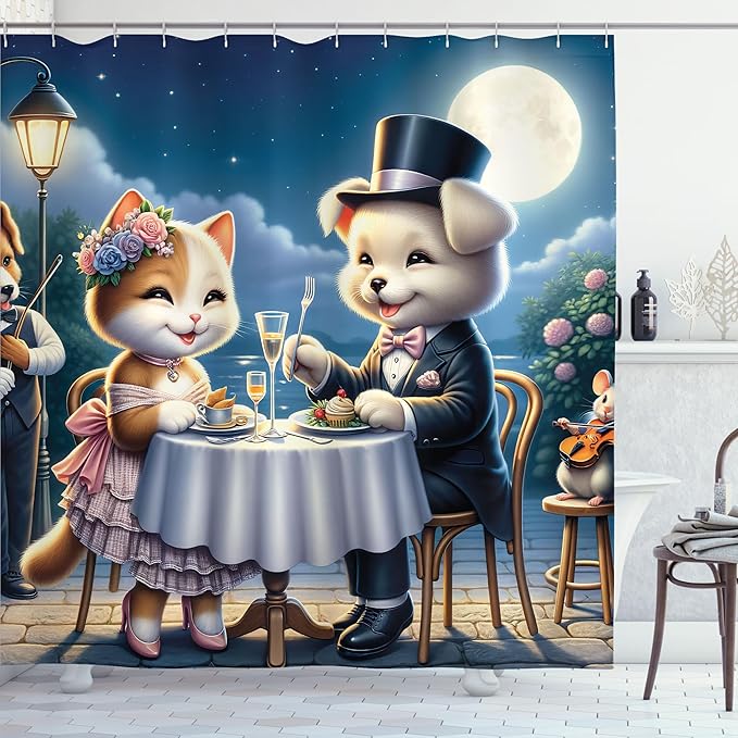 Ambesonne Cat Shower Curtain, Smiling Happy Kitty Lady and Gentleman Puppy Romantic Dinner Date Print, Cloth Fabric Bathroom Decor Set with Hooks, 69" W x 84" L, Night Blue Rose Apricot