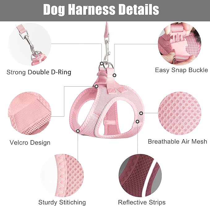 PetiFine Extra Small Step in Dog Harness and Leash Set, Cat Harness and Leash Escape Proof, All Weather Mesh Reflective, Step-in Air Vest Harnesses for Puppy(XXS, Pink)