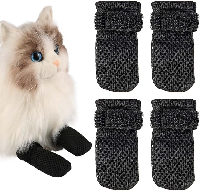 4pcs Anti Scratch Cat Mittens, Adjustable Mesh Cat Foot Covers, Breathable Cats Paw Covers Cat Nail Gloves Cat Paw Protector Cat Booties for Pet Bathing, Cutting Nails, Checking (XL, Black)