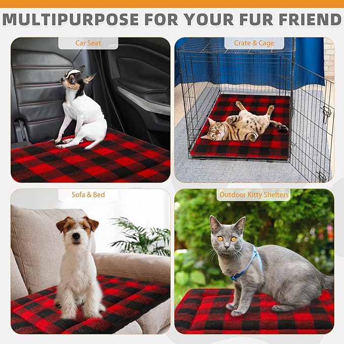 KOOLTAIL Double Used Self Warming Cat Bed Self Heating Cat Dog Mat 28*19inch, Soft Thermal Pet Pad for Indoor Outdoor, Washable Cat Bed Blanket for Large Kitten Puppy Small Animal, Buffalo Plaid Red