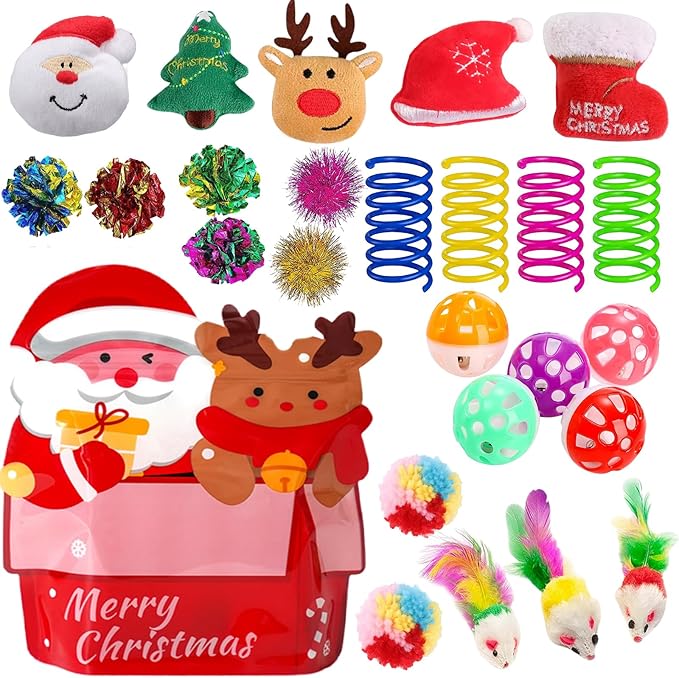 25 Pack Christmas Cat Toy, Kitten Toy Bag Set Assorted with Cat Spring Toy, Cat Ball Toy, Crinkle Cat Toy, Mouse for Cats Interactive Play