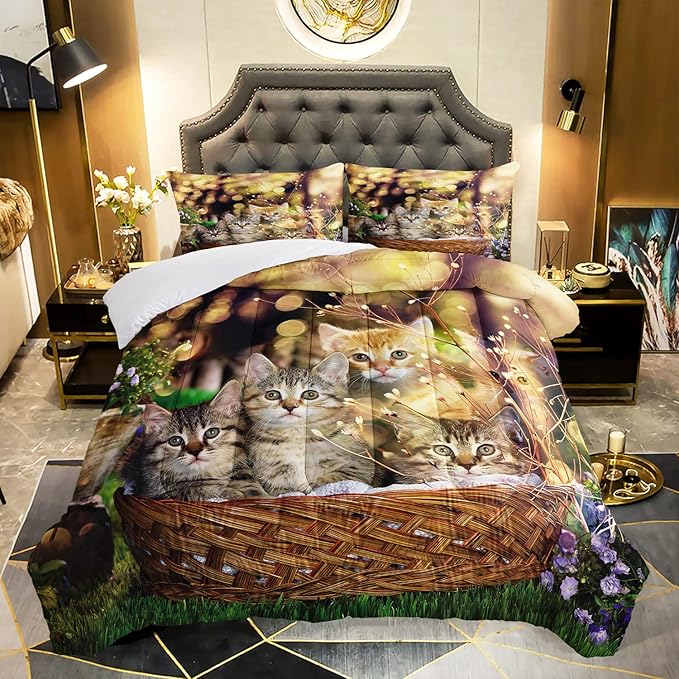 AILONEN Cat Comforter Set for Kids & Teens, 3D Printed Animal Bedding Set, Twin Size, Easy Care, 1 Comforter 2 Pillowcases