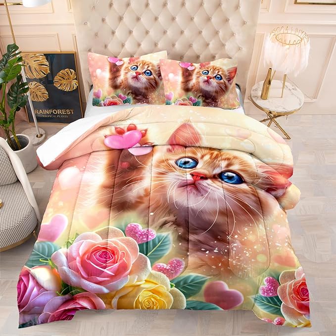 AILONEN Cat Comforter Set Twin Size,Watercolor Cat Bedding for Girls, Cute Cartoon Kitten Bedding Pink Flower Cat Twin Comforter Sets for Kids,1 Comforter+ 2 Pillowcase-3 Pieces