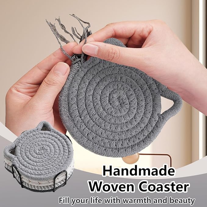 Adorable Cat Decor Drink Coasters: Set of 6 Cotton Coasters for Lovers, Funny and Novelty Office Supplies, Housewarming Gift, Gray