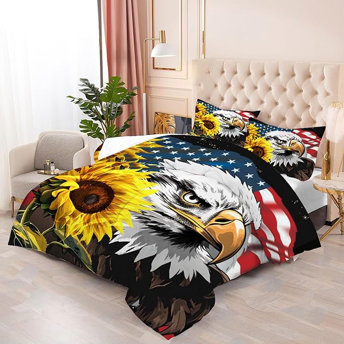 American Flag Comforter Full: Bald Eagle Bedding Set Sunflower USA Flag Quilt for Kids Teens Boys Adults Men US Stars Stripes Eagle Bed Sets 1 Comforter & 2 Pillowcases