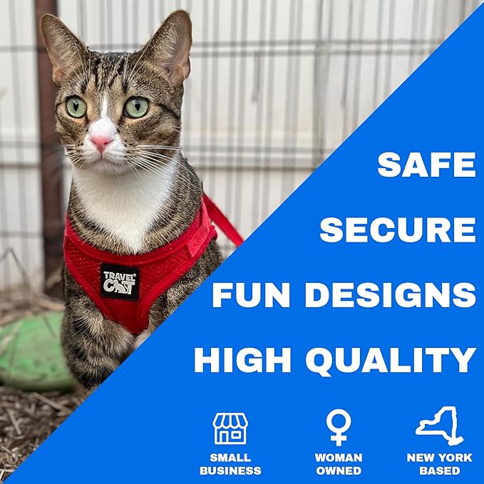 Travel Cat Harness and Leash Set - Adjustable Fit Mesh Cat Harness and Reflective Strap - Comfort Escape Proof Harness for Cats, Kitten for Outdoor Walking, Hiking (Medium, Red)