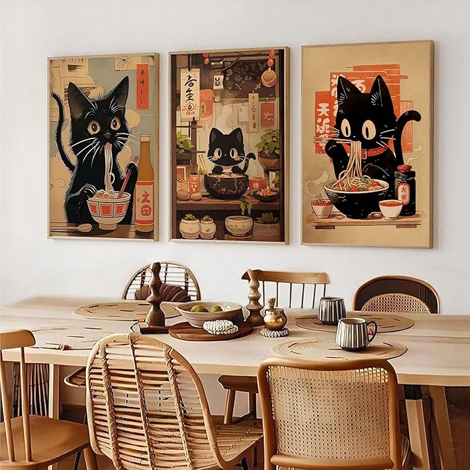 3pcs Funny Japanese Black Cat Canvas Wall Art Vintage Animal Posters Prints Edo Period Ramen Cat Pictures Japan Quirky Cat Painting Kitchen Dining Wall Decor Animal Lover Gift 16x24in Unframed