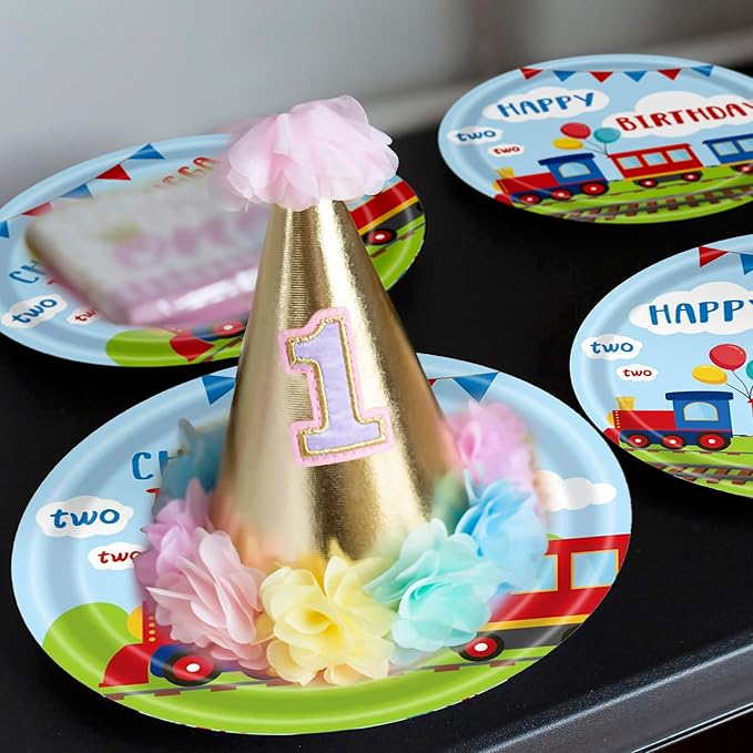 96 Pcs Train Party Plates Napkins Forks Supplies Favors Tableware Set Disposable Paper Chugga Chugga Two Two 2nd Birthday Decorations, Serves 24 Guests