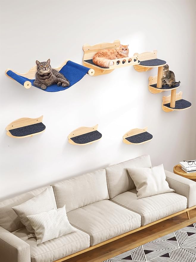 Cat Wall Shelves, Cat Wall Furniture Cat Shelves & Perches for Wall Climbing Cat Wall Steps Set Cat Wall Climber with Cat Hammock, Cat Perch, Sisal Cat Scratching Post